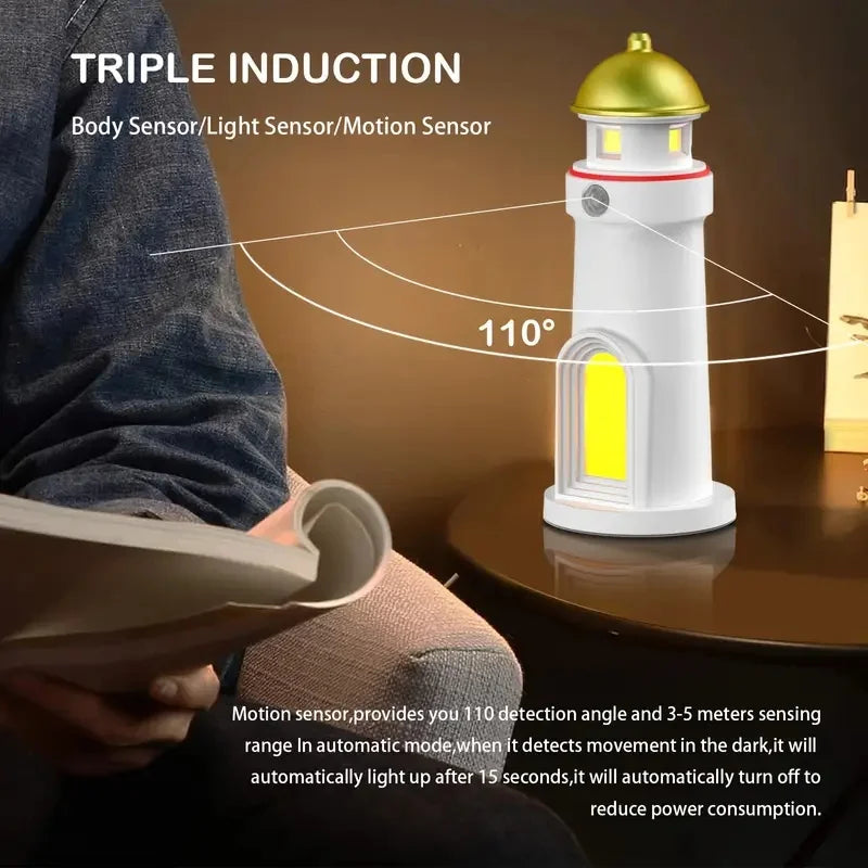 Romantic Moon Projection Motion Sensor Night Lights Lighthouse Ambient Lights Dimmable for Desktop Decor Light Christmas Gift