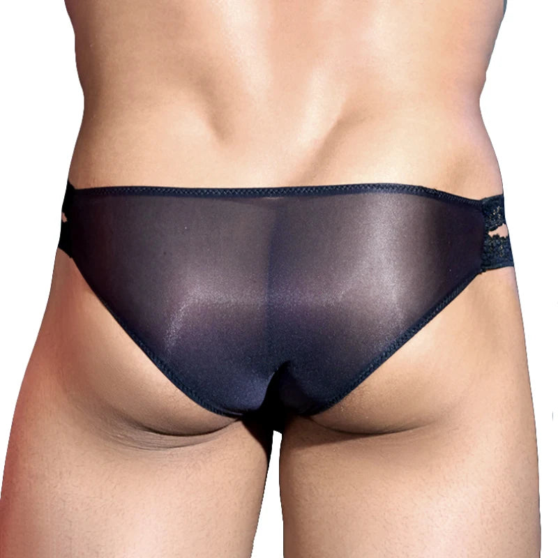 Lencería sexy de encaje sedoso, fina y transparente, seductora, gay, seductora, moderna, para hombre, ropa interior tipo bikini, calzoncillos para adultos, placer para hombres.