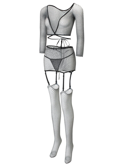 Conjunto de 4 piezas de lencería erótica de malla de encaje para mujer, lencería sexy para mujer, conjunto de bragas con liga, lencería sensual, traje sexual, disfraz exótico porno