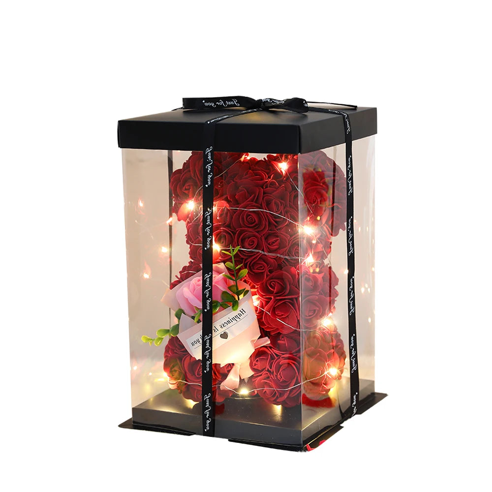 Künstliche Blume 25cm Teddy Rose Bär mit Box Licht Valentinstag Geschenk Mama Freundin Jahrestag Hochzeit Geburtstag Dekoration
