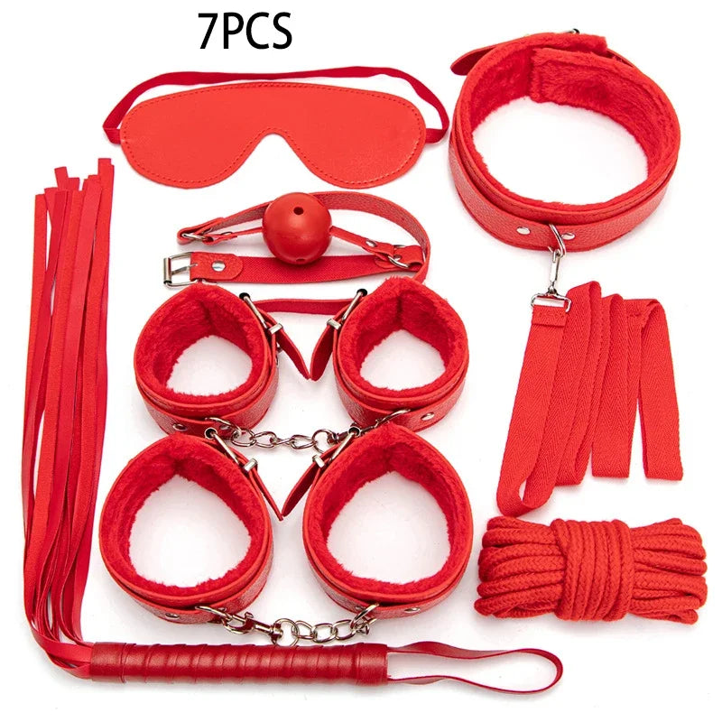Kits BDSM de cuero sexy para parejas, exóticos, 7 piezas de peluche, juego de bondage sexual, esposas, juegos sexuales, látigo, mordaza, pinzas para pezones, juguetes sexuales.