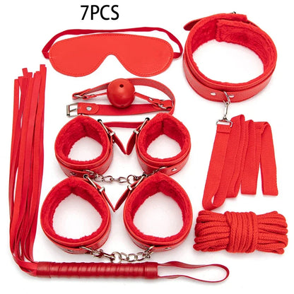 Kits BDSM de cuero sexy para parejas, exóticos, 7 piezas de peluche, juego de bondage sexual, esposas, juegos sexuales, látigo, mordaza, pinzas para pezones, juguetes sexuales.
