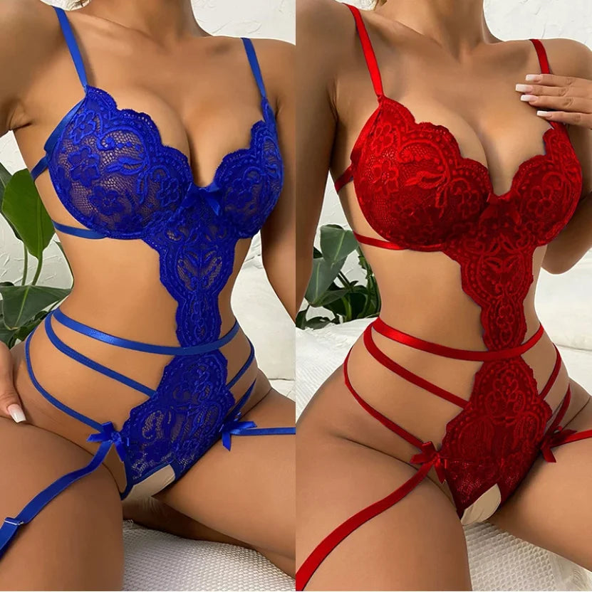 Nuevo conjunto de lencería sexy con encaje y sujetador abierto con volantes, ropa interior transparente, lencería erótica, body sexy, ropa de dormir erótica para mujer