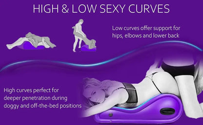 Sexy curvaceous sex pillows, sex toys, sex sofas are used for posture support. Couples' BDSM with handles bedroom sex furniture.
