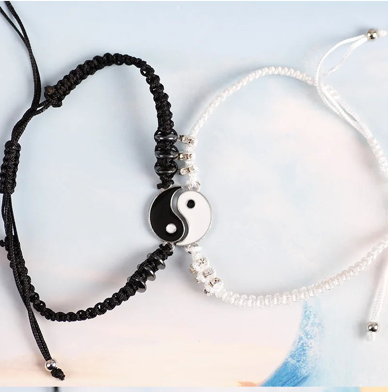 Pulseras de pareja, anillos, Yin Yang, Tai Chi, colgante de aleación, cadena trenzada ajustable, collar, pulsera a juego para amantes, collar y pendientes.