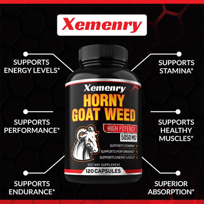 Horny Goat Weed Capsules 5050 mg - Contains Black Pepper Extract - Maximum Potency 120 Capsules Supplement