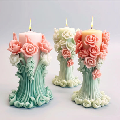 Romantic Rose Flower Column Wedding Candle Rattan Peony Soap Silicone Mould Valentine's Day Chocolate Candlelight Dinner Decor