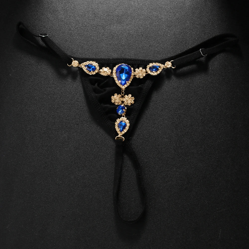 Bikini sexy de cristal azul con tanga para mujer, traje de playa, ropa interior de verano con diamantes de imitación, cadena, joyería, regalo