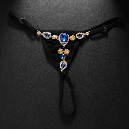 Bikini sexy de cristal azul con tanga para mujer, traje de playa, ropa interior de verano con diamantes de imitación, cadena, joyería, regalo