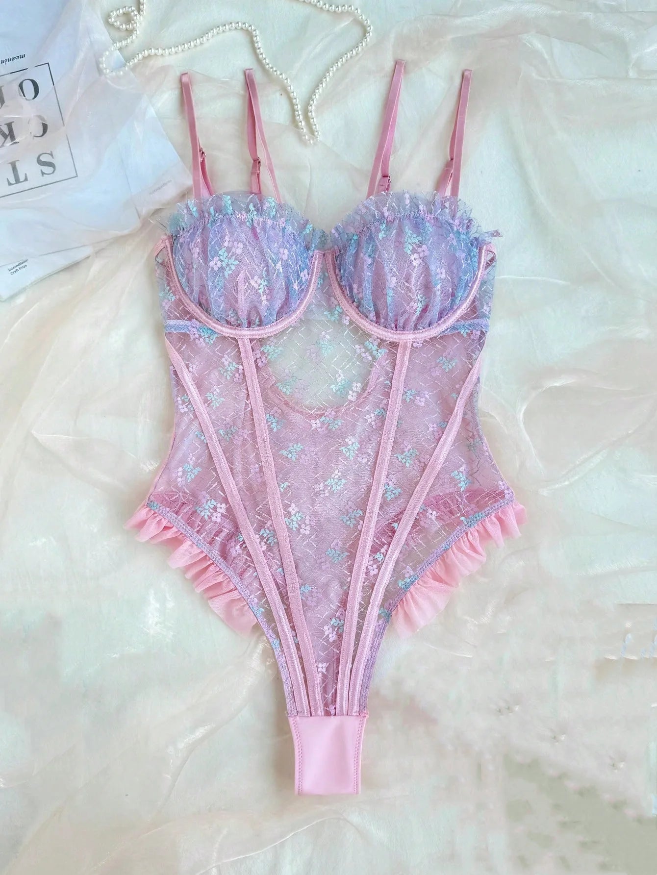 Ellolace Lace Bodysuits Sexy Ruffles Elegant Women's Bodys Fancy Hot Onlyfans Kit Kinky Romantic Pink See Through Sexy Tops