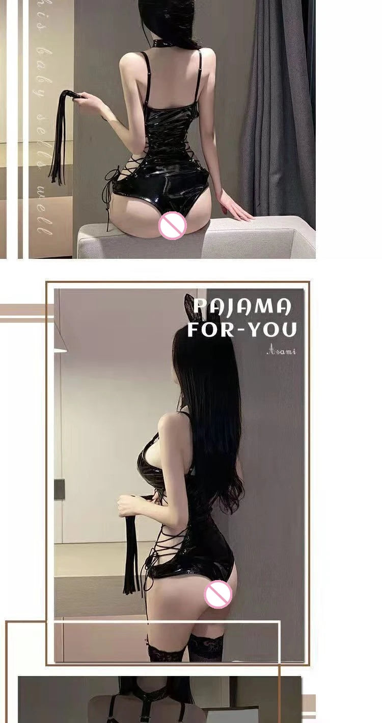 BDSM Latex Bodysuit Queen Kostüm Sexy Fetischkleid Transparentes Mesh Fessel-Outfit Enges Bondage Erotisches Dessous-Set für Damen