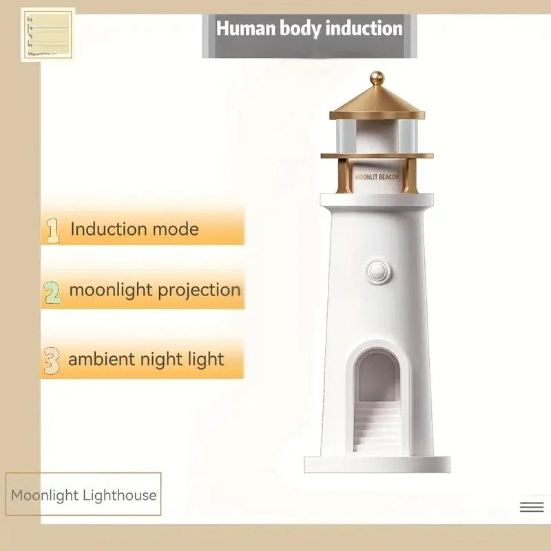 Romantic Moon Projection Motion Sensor Night Lights Lighthouse Ambient Lights Dimmable for Desktop Decor Light Christmas Gift