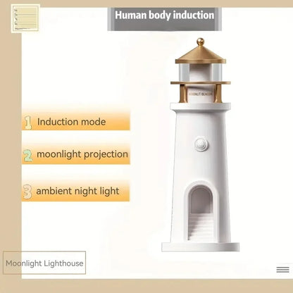 Romantic Moon Projection Motion Sensor Night Lights Lighthouse Ambient Lights Dimmable for Desktop Decor Light Christmas Gift
