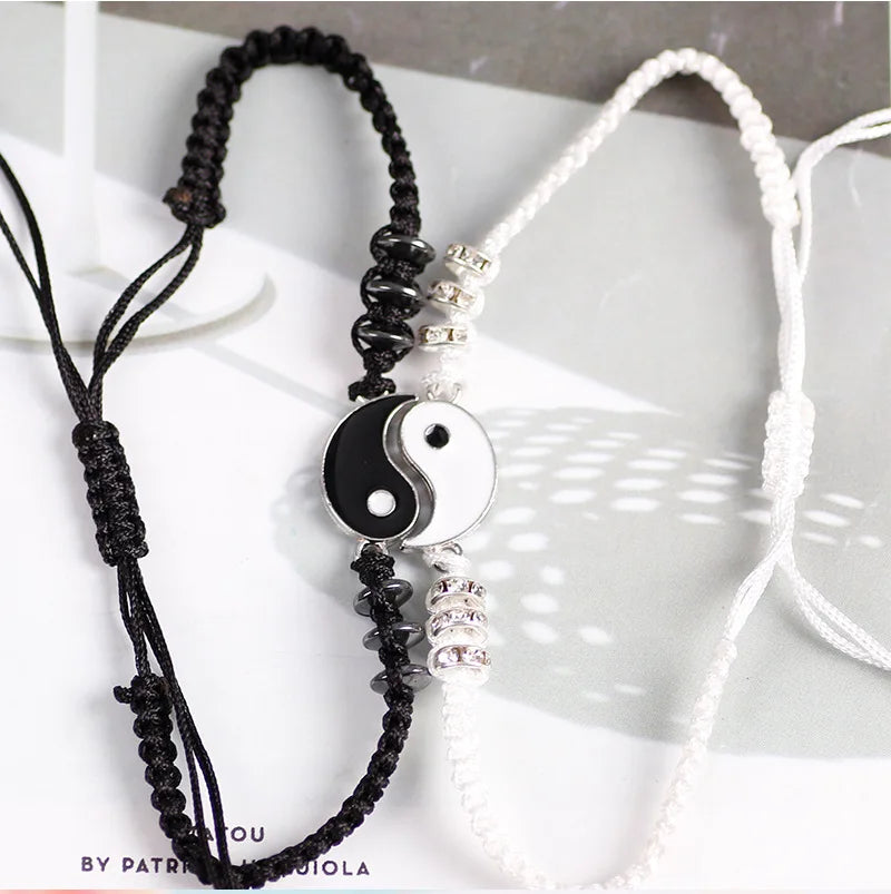 Pulseras de pareja, anillos, Yin Yang, Tai Chi, colgante de aleación, cadena trenzada ajustable, collar, pulsera a juego para amantes, collar y pendientes.
