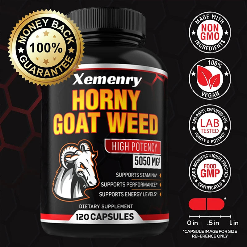 Horny Goat Weed Capsules 5050 mg - Contains Black Pepper Extract - Maximum Potency 120 Capsules Supplement