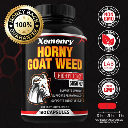 Horny Goat Weed Capsules 5050 mg - Contains Black Pepper Extract - Maximum Potency 120 Capsules Supplement