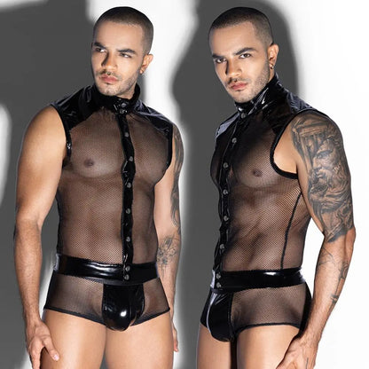 Herren Sexy Mesh Durchsichtige Dessous Unterwäsche Männliches Hormon PU Kostüme Nachtclub Party Gay Outfit