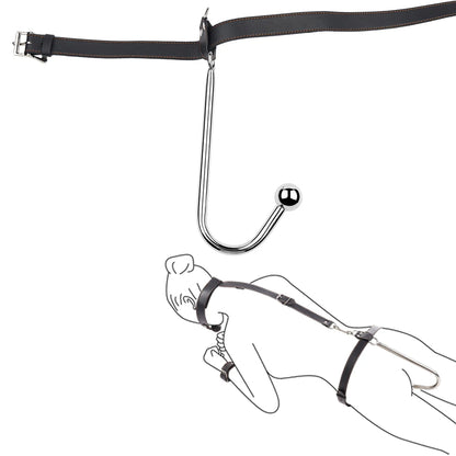 Juego de ganchos anales de cuero BDSM, posición de asistencia sexual, sujeción con gancho de metal, esposas con tapón bucal y cinturón, juguetes sexuales para adultos