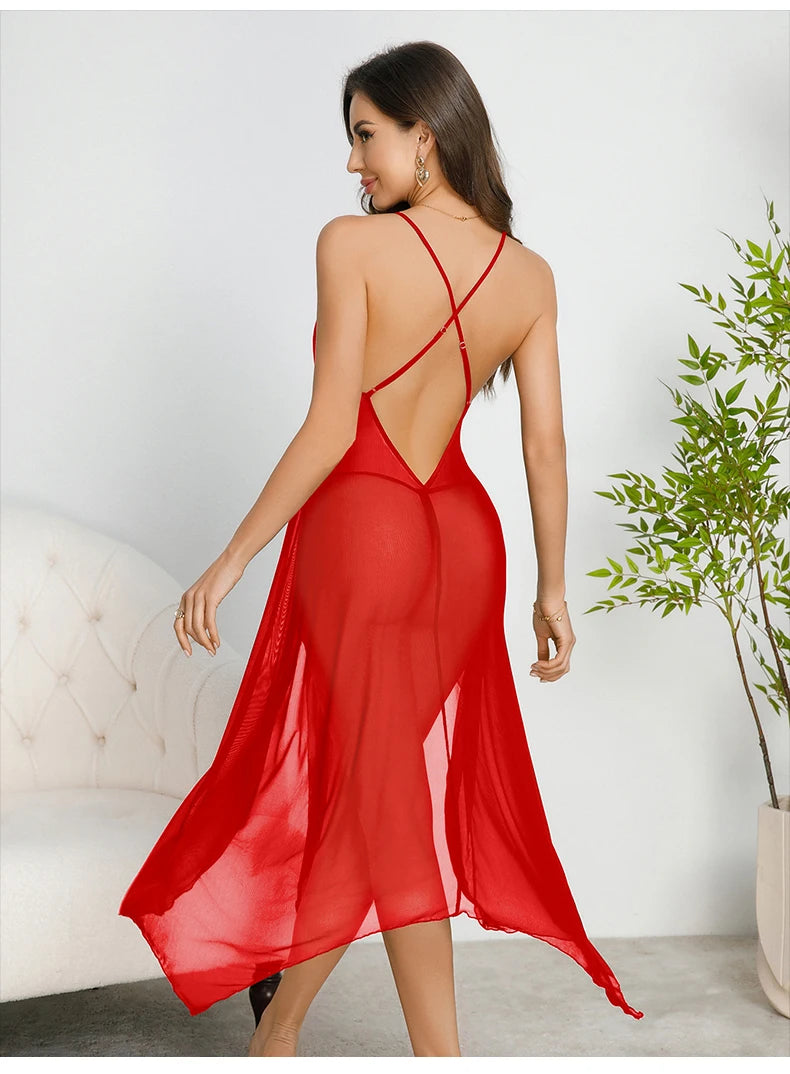 Sexy Hot Female Dessous Transparent Mesh V-Ausschnitt Backless Sleeveless Strapse Erwachsene Langes Kleid Sexys Pyjamas Frauen Nachtclubs