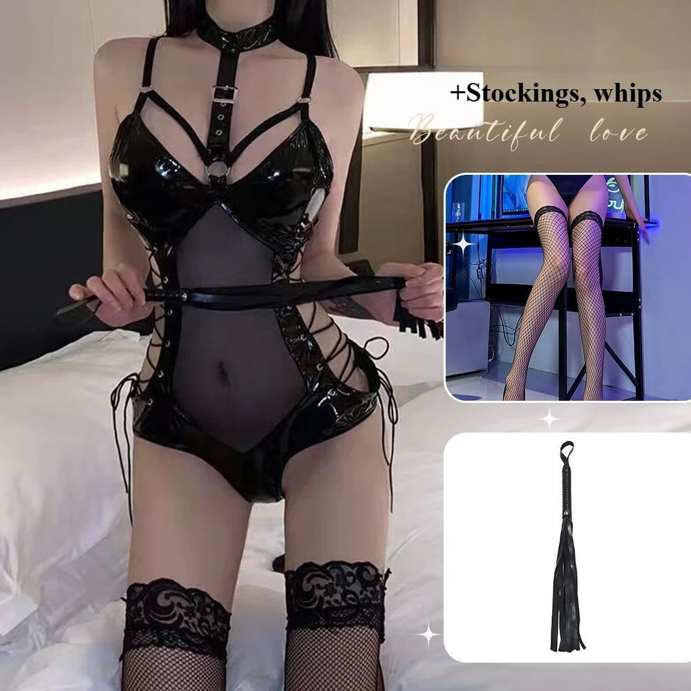 BDSM Latex Bodysuit Queen Kostüm Sexy Fetischkleid Transparentes Mesh Fessel-Outfit Enges Bondage Erotisches Dessous-Set für Damen