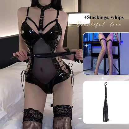 BDSM Latex Bodysuit Queen Kostüm Sexy Fetischkleid Transparentes Mesh Fessel-Outfit Enges Bondage Erotisches Dessous-Set für Damen