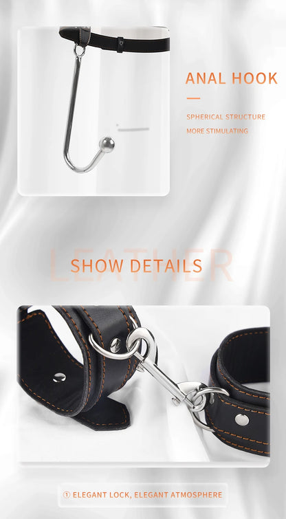 Juego de ganchos anales de cuero BDSM, posición de asistencia sexual, sujeción con gancho de metal, esposas con tapón bucal y cinturón, juguetes sexuales para adultos