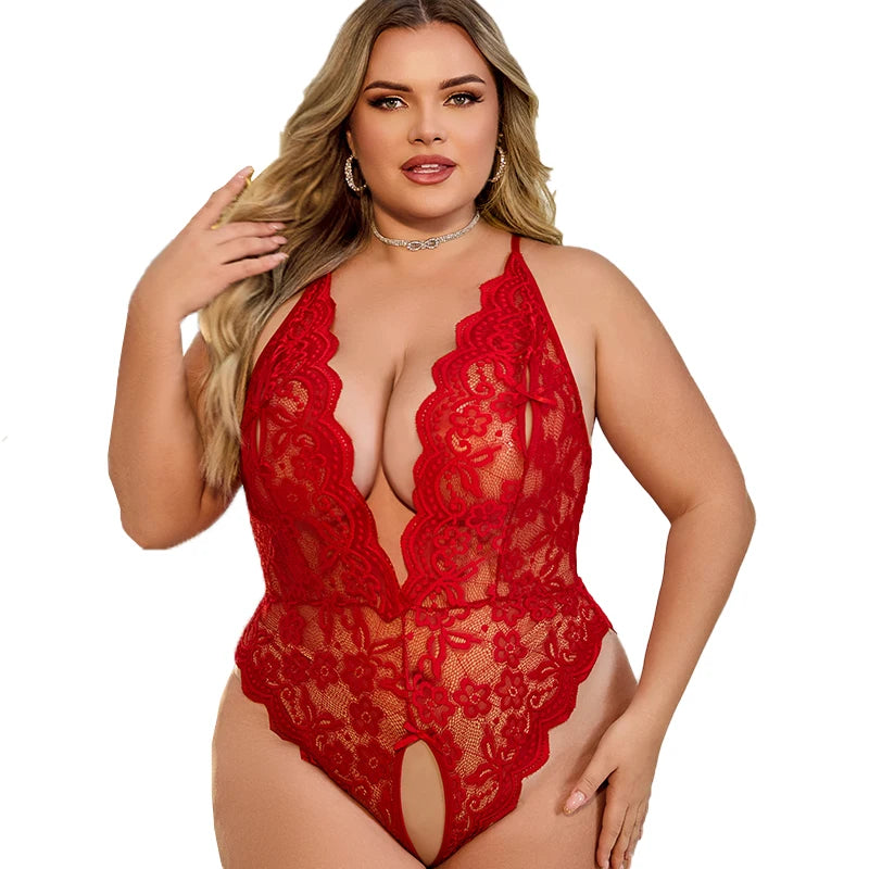 Lencería sexy de verano para mujer, tallas grandes, talla XL-4XL, sin entrepierna, con encaje, atractiva, fetiche erótico, vestido de noche transparente.