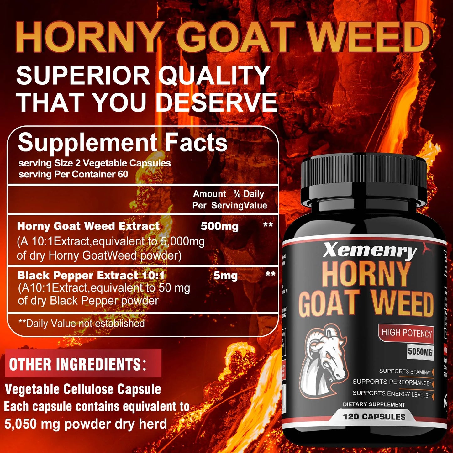 Horny Goat Weed Capsules 5050 mg - Contains Black Pepper Extract - Maximum Potency 120 Capsules Supplement