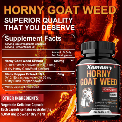 Horny Goat Weed Capsules 5050 mg - Contains Black Pepper Extract - Maximum Potency 120 Capsules Supplement