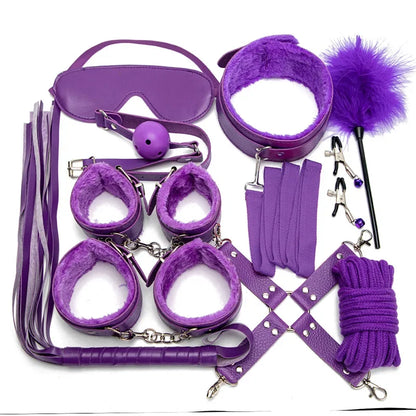 BDSM Kits Sexy Leder Plüsch Sex Bondage Set Handschellen Sex Spiele Peitsche Knebel Nippelklemmen Sex Spielzeug Für Paare Exotisches Zubehör