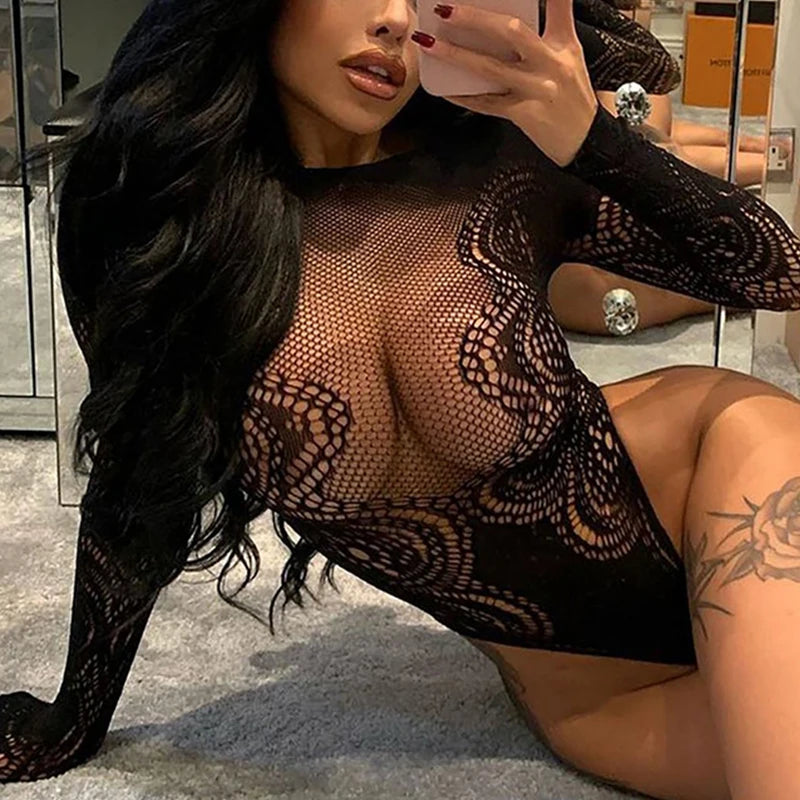 Einteilige sexy Bodys ohne Schritt für Frauen Erotische Outfits Mesh Sheer Teddy Jumpsuits Hohe Taille Elastische Langarm-Strampler