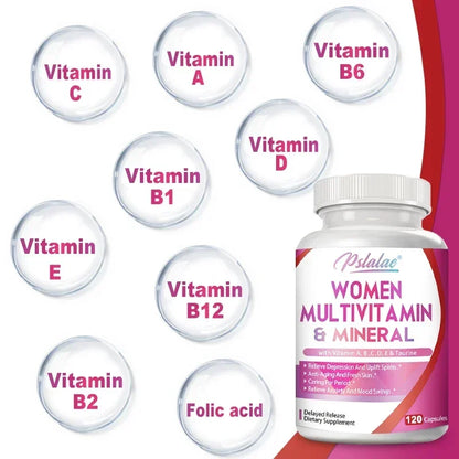 Multivitaminas y minerales para mujeres: mejora los niveles de energía, combate el envejecimiento y promueve la salud del cabello, la piel y las uñas.
