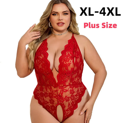 Lencería sexy de verano para mujer, tallas grandes, talla XL-4XL, sin entrepierna, con encaje, atractiva, fetiche erótico, vestido de noche transparente.