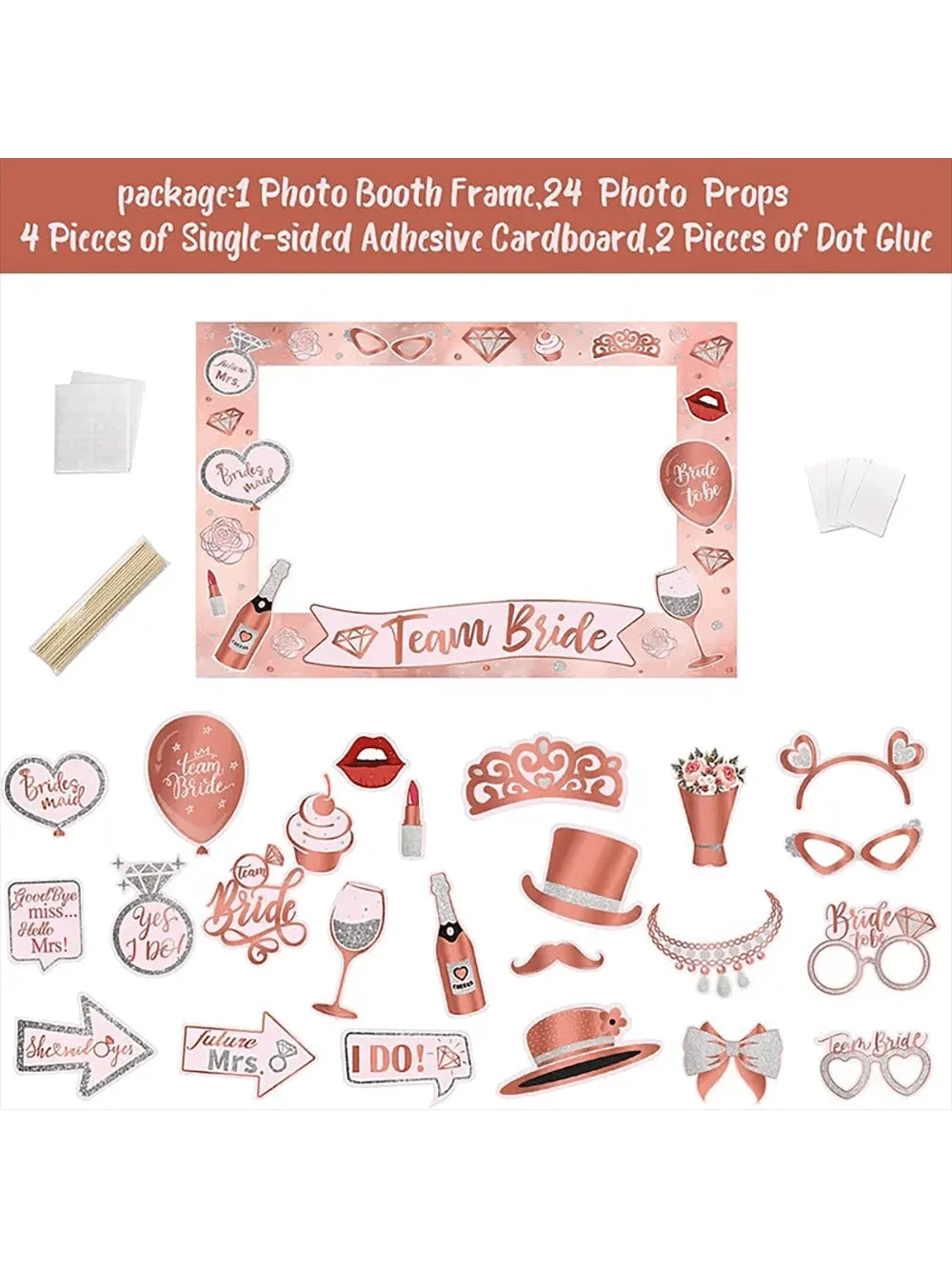 25pcs Bachelorette Party Rose Gold Photo Booth Props Set - Handheld Frame, Perfect for Bridal Showers & Wedding Celebrations