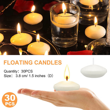 30 velas flotantes románticas sin aroma, redondas, ideales para decorar fiestas, cenas, aniversarios, bodas, San Valentín y eventos.