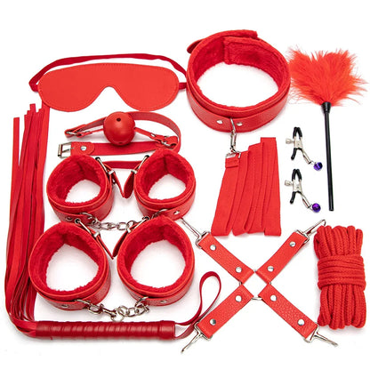 BDSM Kits Sexy Leder Plüsch Sex Bondage Set Handschellen Sex Spiele Peitsche Knebel Nippelklemmen Sex Spielzeug Für Paare Exotisches Zubehör