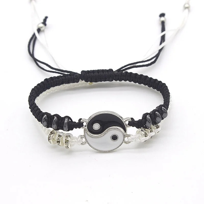 Pulseras de pareja, anillos, Yin Yang, Tai Chi, colgante de aleación, cadena trenzada ajustable, collar, pulsera a juego para amantes, collar y pendientes.