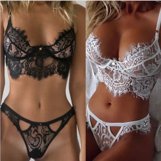 Conjunto de lencería de encaje, ropa interior sexy, sujetador y bragas de encaje con pestañas huecas, ropa interior blanca y negra para mujer de talla grande