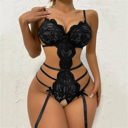 Nuevo conjunto de lencería sexy con encaje y sujetador abierto con volantes, ropa interior transparente, lencería erótica, body sexy, ropa de dormir erótica para mujer