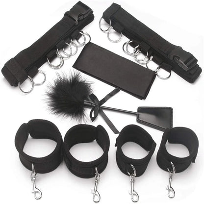 Juego de esposas sexuales BDSM para parejas, kit para adultos, látigo, tapón anal, vibrador, venda para los ojos, arnés, bondage para cama, esposas sexuales sexys