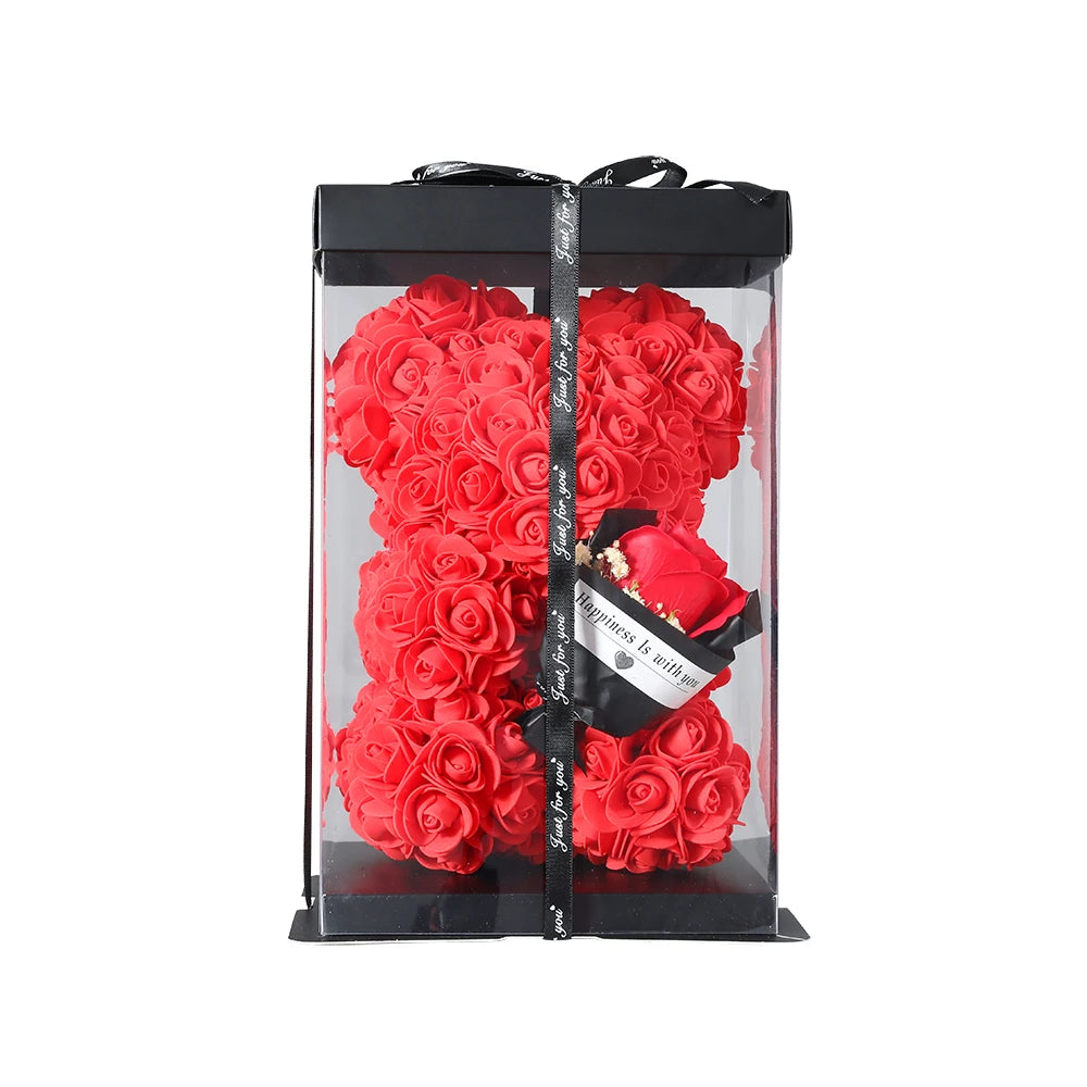 Künstliche Blume 25cm Teddy Rose Bär mit Box Licht Valentinstag Geschenk Mama Freundin Jahrestag Hochzeit Geburtstag Dekoration