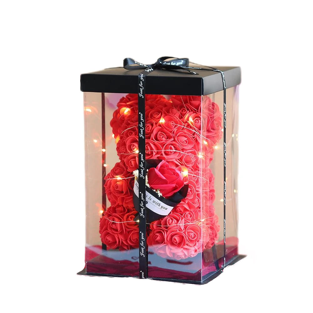Künstliche Blume 25cm Teddy Rose Bär mit Box Licht Valentinstag Geschenk Mama Freundin Jahrestag Hochzeit Geburtstag Dekoration