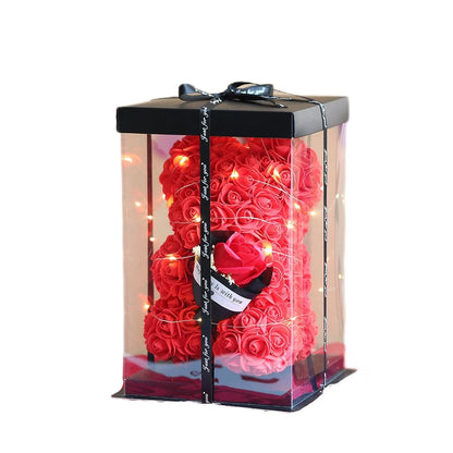 Künstliche Blume 25cm Teddy Rose Bär mit Box Licht Valentinstag Geschenk Mama Freundin Jahrestag Hochzeit Geburtstag Dekoration