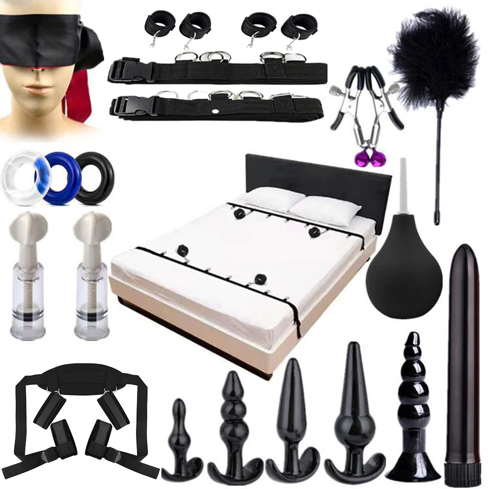 Juego de esposas sexuales BDSM para parejas, kit para adultos, látigo, tapón anal, vibrador, venda para los ojos, arnés, bondage para cama, esposas sexuales sexys
