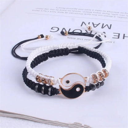 Conjunto de 2 joyas para pareja, pulsera de Tai Chi en blanco y negro, cadena ajustable, estilo sencillo, joyería de uso diario.