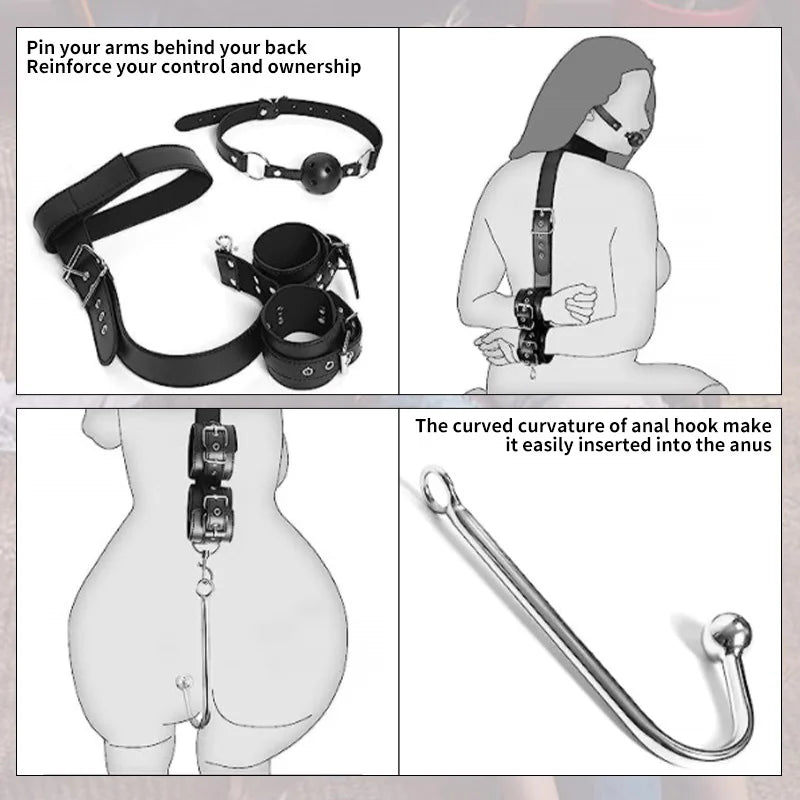 SM Anal Hook Backhand Binding Apertural Plug Porn Metal Bondage Rear Butt Plug Erotic HandCuffs Mouth Gag Adult Sex Toy