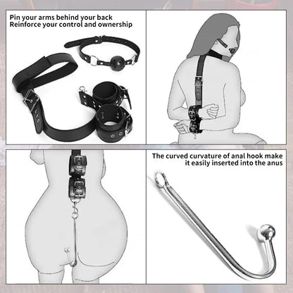 SM Anal Hook Backhand Binding Apertural Plug Porn Metal Bondage Rear Butt Plug Erotic HandCuffs Mouth Gag Adult Sex Toy