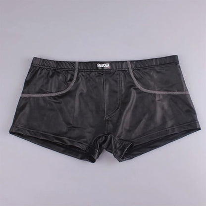 Calzoncillos bóxer de efecto mojado para hombre, pantalones cortos negros de tiro bajo, ropa interior sexy para discoteca, calzoncillos de piel sintética, lencería