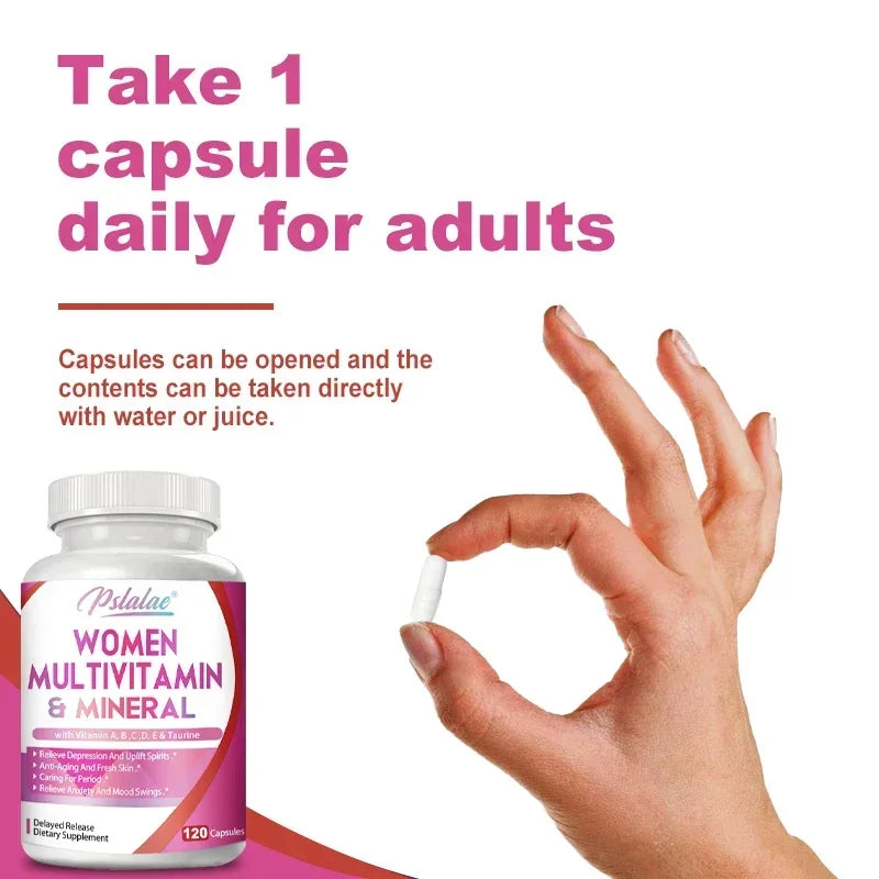 Multivitaminas y minerales para mujeres: mejora los niveles de energía, combate el envejecimiento y promueve la salud del cabello, la piel y las uñas.