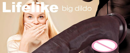 Juguete sexual de consolador negro grande simulado, consolador enorme y grueso con apariencia de piel, con consolador de silicona realista con ventosas